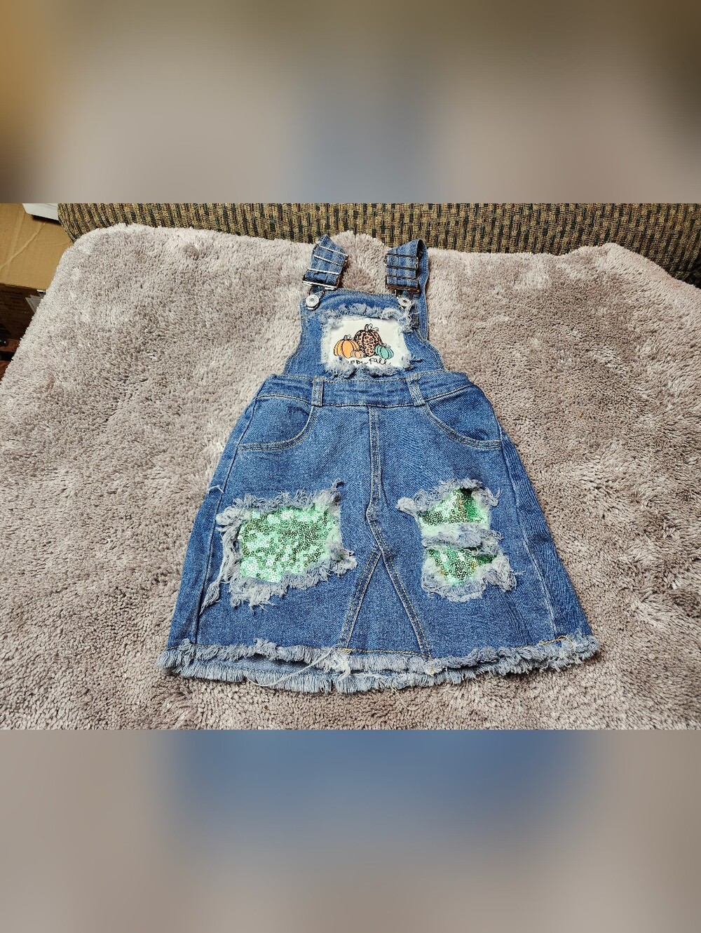 Girls Blue Denim Sequin Patch Overall Dress